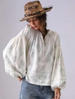 Outlet Women's Shirt Floral Elegant Bohemia Vintage Long Sleeve Lantern Sleeve V Neck Crop Tops Daily Holiday Going out Embroidered Off-white embroidered plum red-WHITE 2# apricot embroidery light Women Blouses & Shirts
