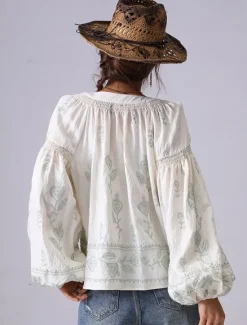Outlet Women's Shirt Floral Elegant Bohemia Vintage Long Sleeve Lantern Sleeve V Neck Crop Tops Daily Holiday Going out Embroidered Off-white embroidered plum red-WHITE 2# apricot embroidery light Women Blouses & Shirts
