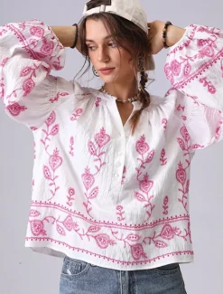 Outlet Women's Shirt Floral Elegant Bohemia Vintage Long Sleeve Lantern Sleeve V Neck Crop Tops Daily Holiday Going out Embroidered Off-white embroidered plum red-WHITE 2# apricot embroidery light Women Blouses & Shirts