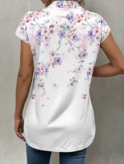 Clearance Women's Shirt Floral Graphic Daily Short Sleeve Cap Sleeve Shirt Collar Long Tops Daily Summer Spring Women Spring Tops