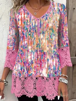 Best Women's Shirt Floral Graphic 3D Basic Casual Short Sleeve V Neck Regular Tops Daily Patchwork Buttons Lace Trim Pink Blue Green Summer Women Blouses & Shirts