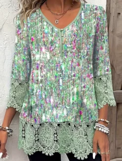 Best Women's Shirt Floral Graphic 3D Basic Casual Short Sleeve V Neck Regular Tops Daily Patchwork Buttons Lace Trim Pink Blue Green Summer Women Blouses & Shirts