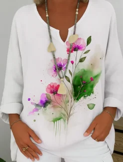 Clearance Women's Shirt Floral Graphic Abstract Elegant Bohemia Vintage Long Sleeve V Neck Regular Tops Daily Holiday Pink Blue Purple Green Summer Spring Women Shirts