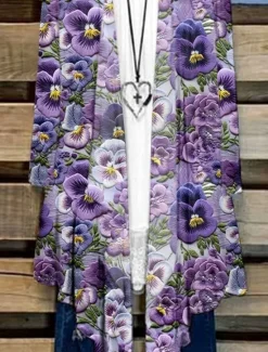 Online Women's Shirt Floral Graphic Butterfly Elegant Stylish Basic Long Sleeve V Neck Regular Tops Daily Purple Summer Spring Women Blouses & Shirts