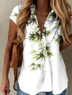 Sale Women's Shirt Graphic Leaf Leaves Vintage Tropical Daily Short Sleeve Cap Sleeve Shirt Collar Long Tops Daily Summer Spring Women Blouses & Shirts
