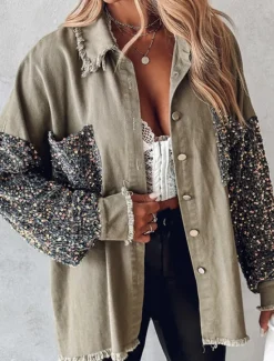 Women's Shirt Jacket Casual Jacket Breathable Comfortable Pocket Sequin Casual Plain Vacation Street Casual Daily Wear Single Breasted Regular Lapel Regular Fit Long Sleeve Outerwear Light Blue White Women Jackets