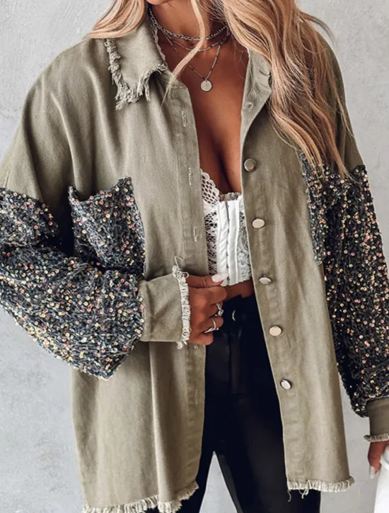 Women's Shirt Jacket Casual Jacket Breathable Comfortable Pocket Sequin Casual Plain Vacation Street Casual Daily Wear Single Breasted Regular Lapel Regular Fit Long Sleeve Outerwear Light Blue White Women Jackets