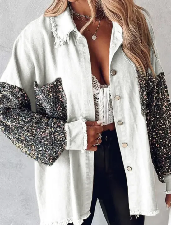 Women's Shirt Jacket Casual Jacket Breathable Comfortable Pocket Sequin Casual Plain Vacation Street Casual Daily Wear Single Breasted Regular Lapel Regular Fit Long Sleeve Outerwear Light Blue White Women Jackets
