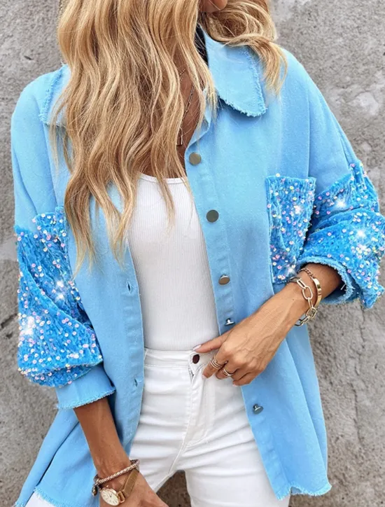 Women's Shirt Jacket Casual Jacket Breathable Comfortable Pocket Sequin Casual Plain Vacation Street Casual Daily Wear Single Breasted Regular Lapel Regular Fit Long Sleeve Outerwear Light Blue White Women Jackets