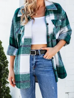 Discount Women's Shirt Jacket Comfortable Breathable Zipper Pocket Casual Plaid Vacation Street Casual Daily Wear Single Breasted Regular Turndown Regular Fit Long Sleeve Outerwear Royal Blue Green Khaki Women Jackets
