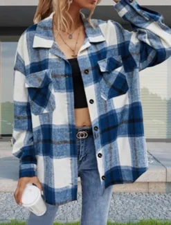 Discount Women's Shirt Jacket Comfortable Breathable Zipper Pocket Casual Plaid Vacation Street Casual Daily Wear Single Breasted Regular Turndown Regular Fit Long Sleeve Outerwear Royal Blue Green Khaki Women Jackets