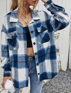 Discount Women's Shirt Jacket Comfortable Breathable Zipper Pocket Casual Plaid Vacation Street Casual Daily Wear Single Breasted Regular Turndown Regular Fit Long Sleeve Outerwear Royal Blue Green Khaki Women Jackets