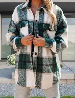 Discount Women's Shirt Jacket Comfortable Breathable Zipper Pocket Casual Plaid Vacation Street Casual Daily Wear Single Breasted Regular Turndown Regular Fit Long Sleeve Outerwear Royal Blue Green Khaki Women Jackets