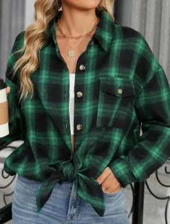 Discount Women's Shirt Jacket Shacket Warm Breathable Buttons Pocket Print Casual Plaid Vacation Street Daily Wear Going out Single Breasted Regular Turndown Regular Fit Long Sleeve Outerwear Brown Green Fall Women Jackets