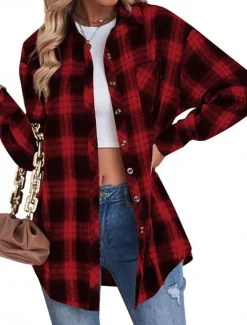 Women's Shirt Jacket Shacket Warm Breathable Buttons Pocket Print Casual Plaid Vacation Street Daily Wear Going out Single Breasted Regular Turndown Regular Fit Long Sleeve Outerwear Black Red Green Women Jackets