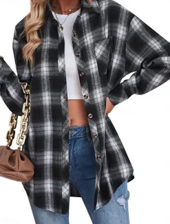 Women's Shirt Jacket Shacket Warm Breathable Buttons Pocket Print Casual Plaid Vacation Street Daily Wear Going out Single Breasted Regular Turndown Regular Fit Long Sleeve Outerwear Black Red Green Women Jackets