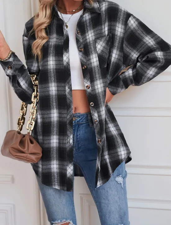 Women's Shirt Jacket Shacket Warm Breathable Buttons Pocket Print Casual Plaid Vacation Street Daily Wear Going out Single Breasted Regular Turndown Regular Fit Long Sleeve Outerwear Black Red Green Women Jackets