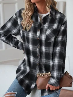Women's Shirt Jacket Shacket Warm Breathable Buttons Pocket Print Casual Plaid Vacation Street Daily Wear Going out Single Breasted Regular Turndown Regular Fit Long Sleeve Outerwear Black Red Green Women Jackets