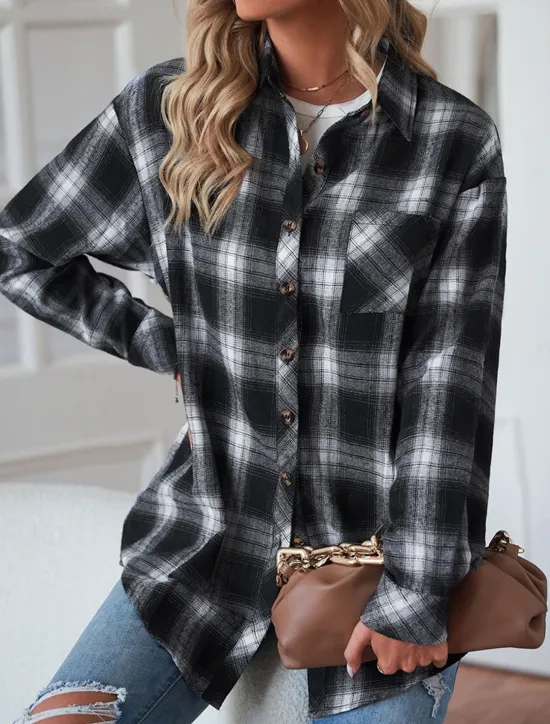 Women's Shirt Jacket Shacket Warm Breathable Buttons Pocket Print Casual Plaid Vacation Street Daily Wear Going out Single Breasted Regular Turndown Regular Fit Long Sleeve Outerwear Black Red Green Women Jackets