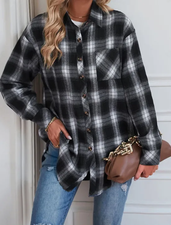 Women's Shirt Jacket Shacket Warm Breathable Buttons Pocket Print Casual Plaid Vacation Street Daily Wear Going out Single Breasted Regular Turndown Regular Fit Long Sleeve Outerwear Black Red Green Women Jackets