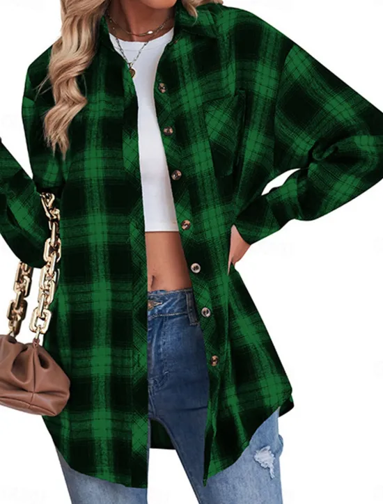 Women's Shirt Jacket Shacket Warm Breathable Buttons Pocket Print Casual Plaid Vacation Street Daily Wear Going out Single Breasted Regular Turndown Regular Fit Long Sleeve Outerwear Black Red Green Women Jackets