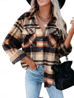 Sale Women's Shirt Jacket Shacket Warm Breathable Buttons Pocket Print Casual Plaid Vacation Street Daily Wear Going out Single Breasted Regular Turndown Regular Fit Long Sleeve Outerwear Pink Green Khaki Women Jackets