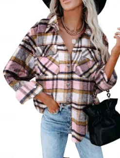 Sale Women's Shirt Jacket Shacket Warm Breathable Buttons Pocket Print Casual Plaid Vacation Street Daily Wear Going out Single Breasted Regular Turndown Regular Fit Long Sleeve Outerwear Pink Green Khaki Women Jackets