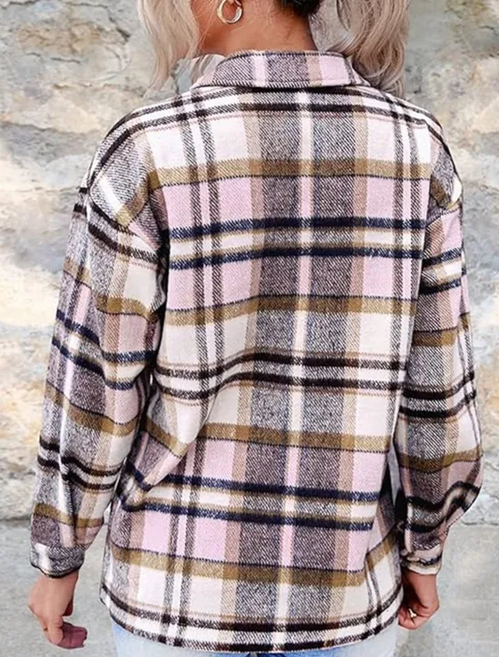 Sale Women's Shirt Jacket Shacket Warm Breathable Buttons Pocket Print Casual Plaid Vacation Street Daily Wear Going out Single Breasted Regular Turndown Regular Fit Long Sleeve Outerwear Pink Green Khaki Women Jackets
