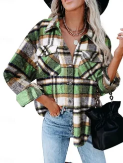 Sale Women's Shirt Jacket Shacket Warm Breathable Buttons Pocket Print Casual Plaid Vacation Street Daily Wear Going out Single Breasted Regular Turndown Regular Fit Long Sleeve Outerwear Pink Green Khaki Women Jackets