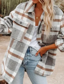 Outlet Women's Shirt Jacket Shacket Warm Breathable Buttons Pocket Print Casual Plaid Vacation Street Daily Wear Going out Single Breasted Regular Turndown Regular Fit Long Sleeve Outerwear Black Khaki Women Jackets|Coats & Trench Coats
