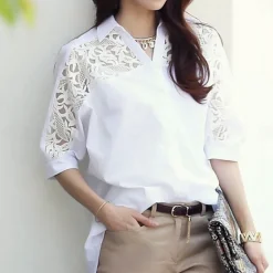 Hot Women's Shirt Lace Shirt Blouse Eyelet top Plain Streetwear Casual 3/4 Length Sleeve Shirt Collar Regular Tops Office Work Business Lace Patchwork Women Lace Tops