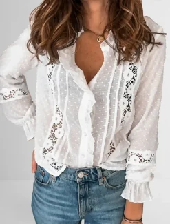 Best Women's Shirt Lace Shirt Blouse Eyelet top Elegant Vintage Fashion Lace Patchwork Buttons Long Sleeve Regular Tops Daily Weekend Spring Fall Women Lace Tops