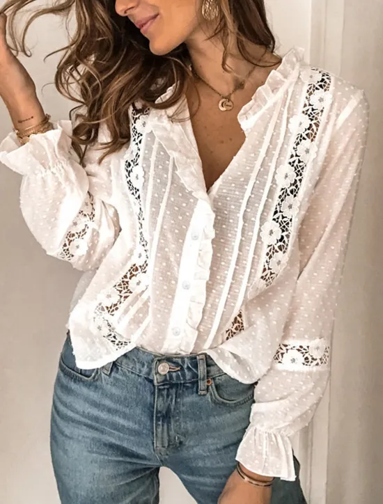 Best Women's Shirt Lace Shirt Blouse Eyelet top Elegant Vintage Fashion Lace Patchwork Buttons Long Sleeve Regular Tops Daily Weekend Spring Fall Women Lace Tops