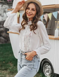 Best Women's Shirt Lace Shirt Blouse Eyelet top Elegant Vintage Fashion Lace Patchwork Buttons Long Sleeve Regular Tops Daily Weekend Spring Fall Women Lace Tops