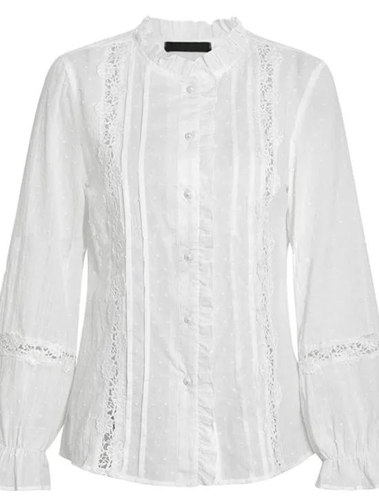 Best Women's Shirt Lace Shirt Blouse Eyelet top Elegant Vintage Fashion Lace Patchwork Buttons Long Sleeve Regular Tops Daily Weekend Spring Fall Women Lace Tops