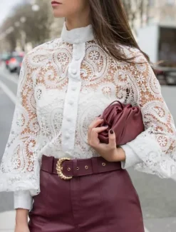Sale Women's Shirt Lace Shirt Going Out Tops Blouse Elegant Vintage Fashion Lace up Long Sleeve Regular Tops Party Club Black White Apricot Spring Fall Women Lace Tops