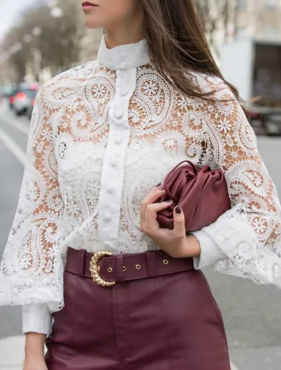 Sale Women's Shirt Lace Shirt Going Out Tops Blouse Elegant Vintage Fashion Lace up Long Sleeve Regular Tops Party Club Black White Apricot Spring Fall Women Lace Tops