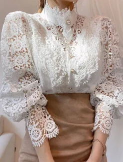 Sale Women's Shirt Lace Shirt Going Out Tops Blouse Elegant Vintage Fashion Lace up Long Sleeve Regular Tops Party Club Black White Apricot Spring Fall Women Lace Tops