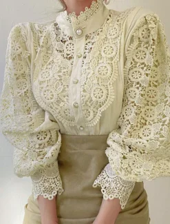 Sale Women's Shirt Lace Shirt Going Out Tops Blouse Elegant Vintage Fashion Lace up Long Sleeve Regular Tops Party Club Black White Apricot Spring Fall Women Lace Tops
