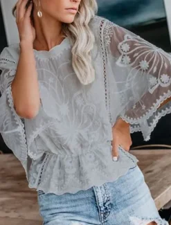 Clearance Women's Shirt Lace Shirt Lace Splicing Top Blouse Solid Color Elegant Stylish Casual Half Sleeve Flutter Sleeve Crew Neck Regular Tops Wedding Guest Daily Holiday Lace Lace Trim White Pink Blue Khaki Women Lace Tops