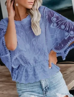 Clearance Women's Shirt Lace Shirt Lace Splicing Top Blouse Solid Color Elegant Stylish Casual Half Sleeve Flutter Sleeve Crew Neck Regular Tops Wedding Guest Daily Holiday Lace Lace Trim White Pink Blue Khaki Women Lace Tops