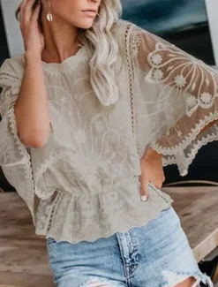 Clearance Women's Shirt Lace Shirt Lace Splicing Top Blouse Solid Color Elegant Stylish Casual Half Sleeve Flutter Sleeve Crew Neck Regular Tops Wedding Guest Daily Holiday Lace Lace Trim White Pink Blue Khaki Women Lace Tops