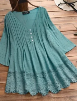 Outlet Women's Shirt Lace Shirt Linen-Inspired Shirts Blouse Pure Color Basic Casual 3/4 Length Sleeve V Neck Regular Tops Daily Lace Buttons White Pink Green Dark Blue Summer Spring Fall Women Shirts