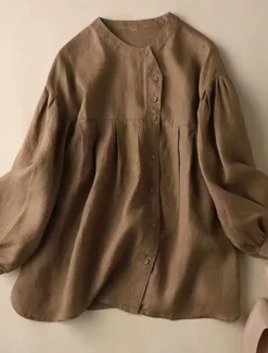 Women's Shirt Linen Shirt Blouse Long Cotton Top Solid Color Fashion Round Neck Street Daily Buttons Khaki Beige Spring & Fall Women Shirts