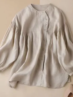 Women's Shirt Linen Shirt Blouse Long Cotton Top Solid Color Fashion Round Neck Street Daily Buttons Khaki Beige Spring & Fall Women Shirts