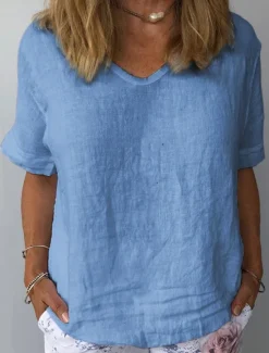 New Women's Shirt Linen Shirt Cotton Linen Shirts Plain Daily Stylish Basic Short Sleeve V Neck Regular Tops Work Daily Holiday White Blue Gray Summer Women Shirts