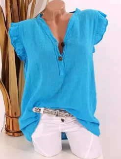 Sale Women's Shirt Linen Shirt Cotton Linen Shirts Plain Daily Stylish Basic Sleeveless Flutter Sleeve V Neck Regular Tops Work Daily Holiday Buttons White Pink Blue Summer Women Shirts