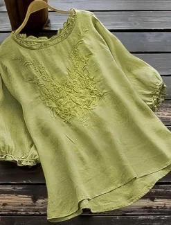 Women's Shirt Linen Shirt Blouse Cotton Linen Shirts Solid Color Fashion Round Neck Street Daily Embroidered White Yellow Red Green Khaki Summer Women Shirts
