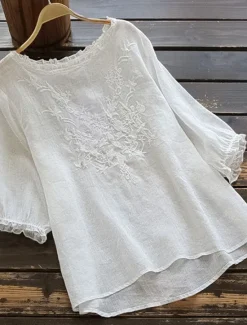 Women's Shirt Linen Shirt Blouse Cotton Linen Shirts Solid Color Fashion Round Neck Street Daily Embroidered White Yellow Red Green Khaki Summer Women Shirts