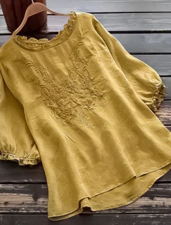 Women's Shirt Linen Shirt Blouse Cotton Linen Shirts Solid Color Fashion Round Neck Street Daily Embroidered White Yellow Red Green Khaki Summer Women Shirts